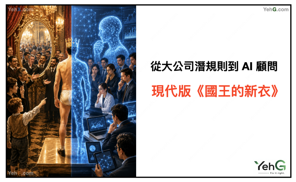 A symbolic split-scene illustration showing a luxurious royal court transforming into a futuristic AI strategy room, inspired by “The Emperor’s New Clothes.” The image represents corporate politics, confirmation bias, AI advisors, and the challenge of preserving independent thinking and truth in the AI era.